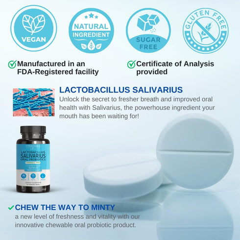 Lactobacillus Salivarius Oral Probiotics - for mouth bad breath, Dental probiotics for Teeth and Gums, Throat, Ear, Nose - 45 Chewable Mint tablet...