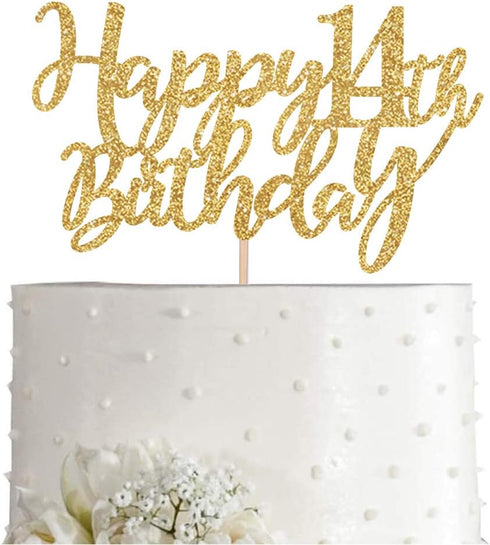 Gold Glitter Happy 14th birthday cake topper, Gold 14 years old birthday party decorations, girl or boy birthday cake toppers...