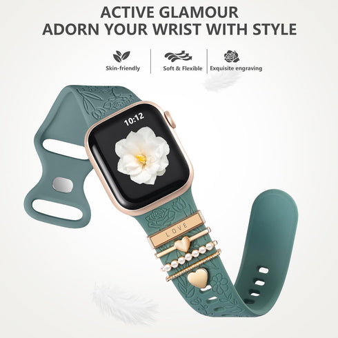 DaQin Flower Engraved Band Compatible with Apple Watch Bands 40mm for Women 38mm 41mm, Soft Silicone Sport Band With Decorative Apple Watch Charms...