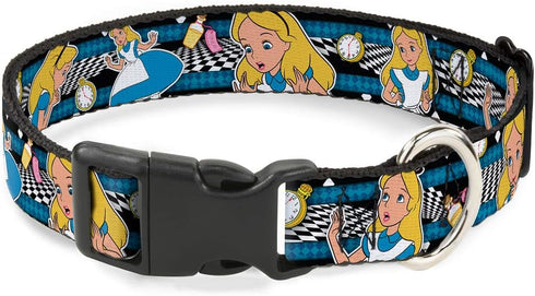 Buckle-Down Plastic Clip Collar - Alice in Wonderland Poses/Clock/Bottle Diamond/Stripe Black/White/Blues - 1" Wide - Fits 11-17" Neck - Medium...