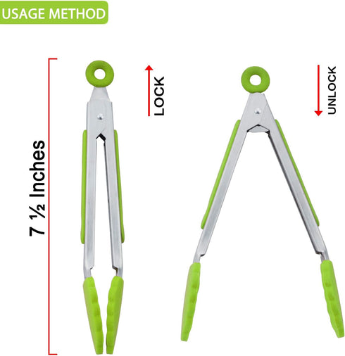 Mini Tongs with Silicone Tips 7 Inch Small Cooking Tongs, Set of 3 (Green)...