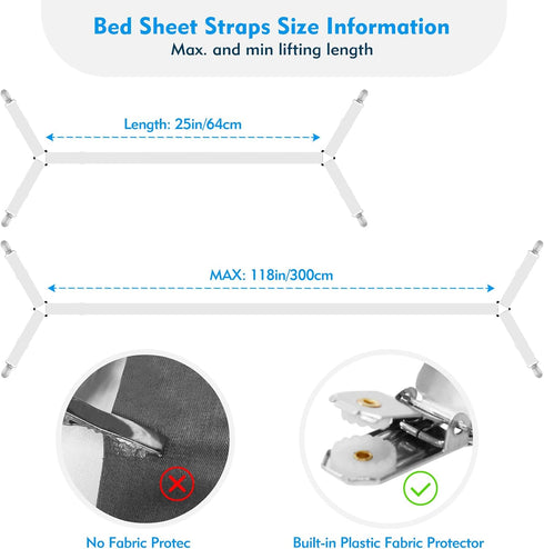Bed Sheet Straps, 2Pcs Elastic Adjustable Bed Sheet Holder Straps, Fitted Sheet Straps to Hold Sheets in Place with Metal Clips, Sheet Holders for...