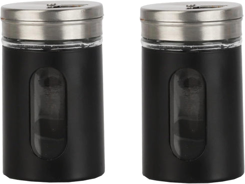 Black Salt Pepper Shakers Retro Spice Jars Glass - Set of 2...