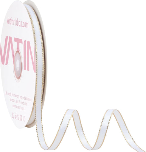 VATIN Double Faced Satin Ribbon 1/4 inch White with Gold Edge Continuous 50 Yards for Decoration, Craft, Gift Wrappping Wedding Card Decoration...