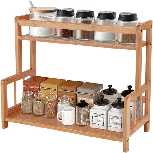 Ufine 2 Tier Bamboo Spice Rack Organizer Kitchen Countertop Storage Shelf Free Standing Holder Under Cabinet Bathroom for Various Bottles, Jars, S...