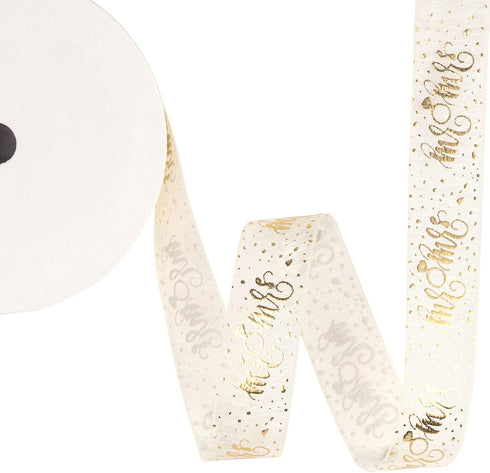 Holijolly Gold Sheer Gift Ribbon - Snow Yarn Ribbon with "Mr & Mrs" Lettering and Ring Print for Wedding Shower - 3/4 inch x 10 Yard...
