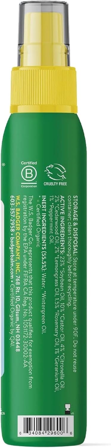 Badger Bug Spray, Family Friendly All Natural Mosquito Repellent w/Organic Essential Oils, Great Smelling Citronella Spray, Effective for 3 Hours,...