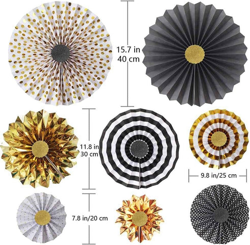 Gold Black Paper Fans Flower for Halloween Party Decorations,black2,Set of 8...