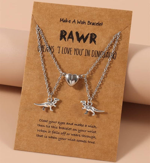 Pingyongchang Dinosaur Pendant Necklace Set Handmade Love Heart Dinosaur Couple Matching Pendant Necklace Set for Women Men Friend Adjustable Hear...
