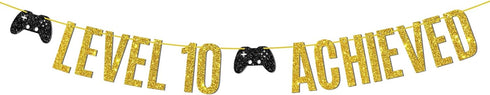 Level 10 Achieved Banner, Double Digits, Game on Level 10 Hanging Sign, Glittery Video Gamer Happy 10th Birthday Party Decorations...