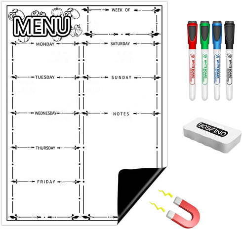 Magnetic Dry Erase Whiteboard for Fridge, Weekly Meal Planner Whiteboard for Kitchen Refrigerator, 16inch x 12inch - with 4 Whiteboard Markers and...