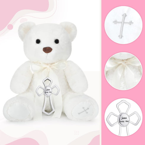 Karenhi 10 Inch The Lord's Prayer Bear with Ribbon Stuffed Bears Plush White Plush Stuffed Animal Religious Baptism Gifts for Girls Boys Baby...