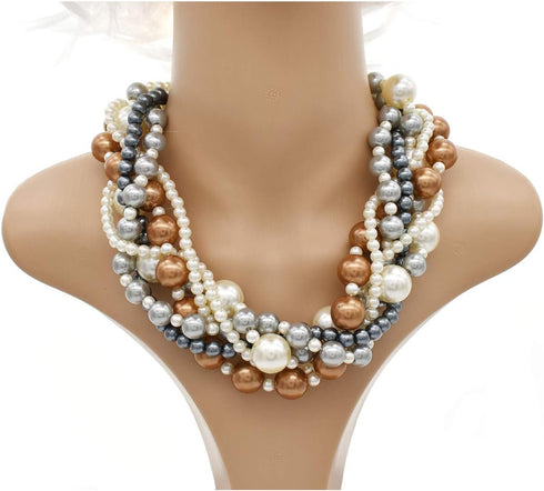 Womens Multi strand Chunky Statement Pearl Necklace Choker for Women Bride Wedding Jewelry set...