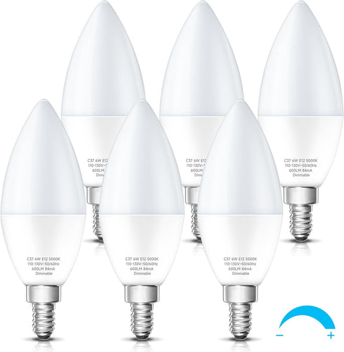 KINDEEP LED Candelabra Light Bulbs Dimmable 60 Watt Equivalent, Daylight 5000K, 600LM, E12 Candle Bulb Base 6W Ceiling Fan Lightbulbs Type B Bulb ...