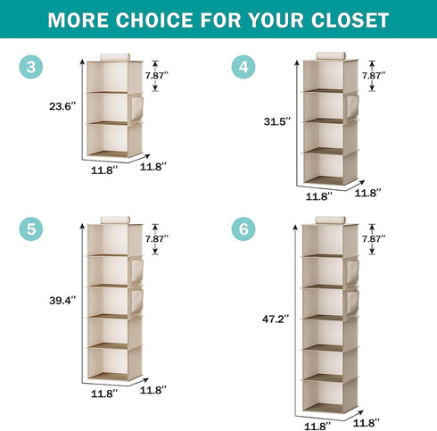 Hanging Closet Organizer, 6-Shelf Closet Hanging Storage with Side Pockets, Beige...