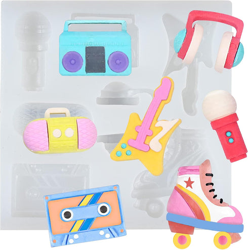 80s Disco Fever Fondant Silicone Tray Boombox Microphone Radio Bass for Sugarcraft Cake Decorating, Cupcake Topper, Chocolate, Polymer Clay...