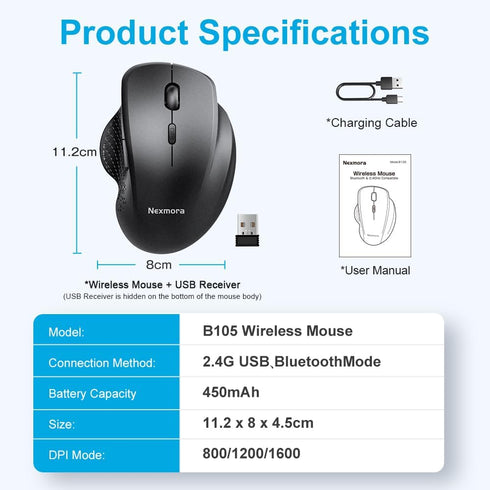 Bluetooth Mouse, Wireless Mouse, Ergonomic Mouse, 2.4GHz with USB Receiver, 1600 DPI Optical Tracking, Quiet Clicks, Computer Mouse for Laptop, PC...