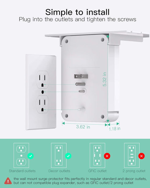 Wall Outlet Extender with Surge Protector, 6 AC Outlets, Shelf, 2 USB & USB C Charging Ports - Home & Dorm Plug Expander...