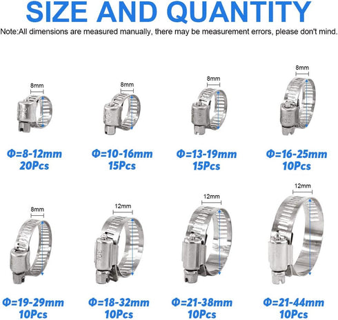 Glarks 100Pcs Adjustable 8-44mm Range 304 Stainless Steel Worm Gear Hose Clamps Assortment Kit, Fuel Line Clamp for Water Pipe, Plumbing, Automoti...