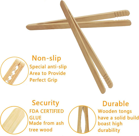 7 Inch Bamboo Kitchen Utensil Tongs, Reusable Bamboo Toast Tongs for Toast, Kimchi, Fruit and Tea, 8 Pcs....