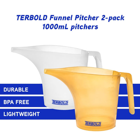 Funnel Pitcher with Spout 2pc Set | 1 Liter Plastic Measuring Pitchers for Cake, Pancake Dispenser, Soap Pouring or Oil Automotive use...