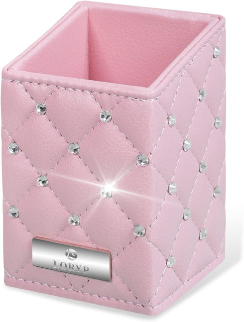 LORYP Makeup Brush Holder Crystal Brushes Cup Pink PU Make up Brush Case Bag Storage for Women...