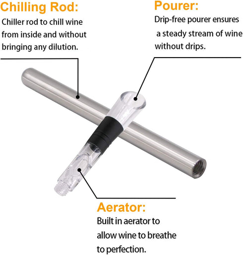 DERNORD Wine Chiller 3-in-1 Stainless Steel Wine Bottle Cooler Stick Freezer with Aerator and Pourer for Chilling Longer, Pouring and Aerating Win...