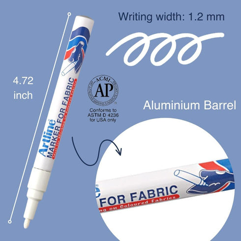 Artline Fabric Markers Permanent For Clothes, High Density Instant Dry Ink for Bright Clothing & Labels, Fabric Marker with 1.2 mm Fine Tip, White...