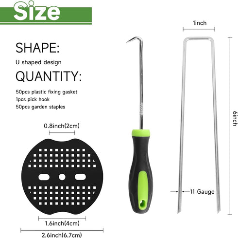 Landscape Stables Set,6 Inch 11 Gauge 50pcs Galvanized Garden Staples and 50pcs Gaskets +1Pick Hook,U-Shaped Tent Stakes Landscaping Fabric SOD Pi...