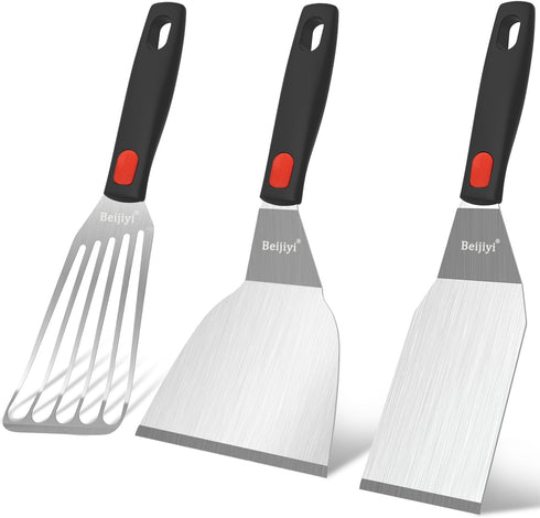Beijiyi Stainless Steel Spatula Set, Heavy Duty Small Metal Spatula for Cooking Cast Iron Skillet with Silicone Handle - Griddle Grill Kitchen Spa...