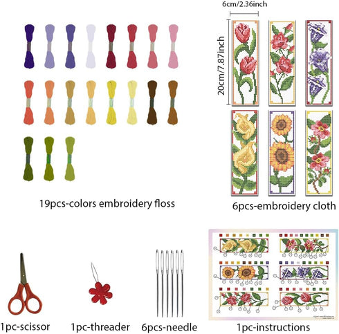 FREEBLOSS 6 Set Bookmark Cross Stitch Kits Stitch Bookmark Cross Stitch Kits with Instructions 6 Flowers Pattern Punch Needle Kit for Beginners Bo...