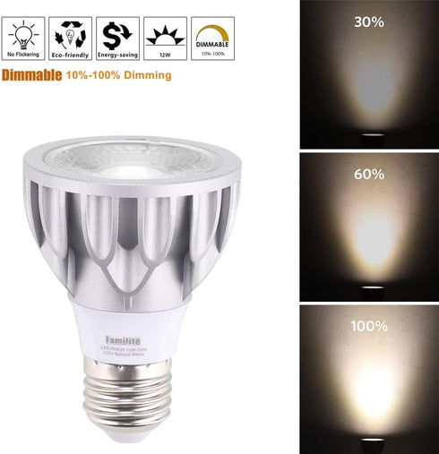 PAR20 LED Bulbs, 12W Dimmable Spot Light, 100W Halogen Equivalent, 36° Narrow Beam Angle, 4000K Natural White, E26 Medium Base for 4’ Cans, Pack o...