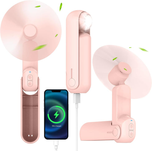 Portable Handheld Fan,4 IN 1 Personal Foldable Pocket Fan with Power Bank, Small Hand Fan with Flashlight,Mini Desk Fan with Table Lamp, Beach Tra...