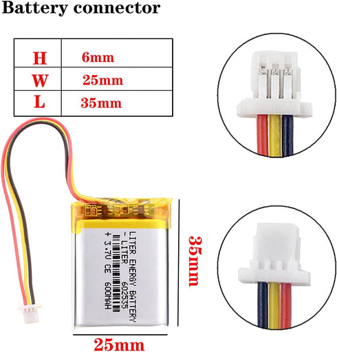 3.7V Lipo Battery 600mAh Rechargeable Lithium ion Polymer Battery 602535 Lithium Polymer ion Battery with SH 1.0-3P Connector...