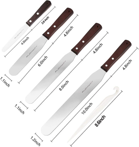 4PCS Cake Decorating Icing Spatula set with 4, 6, 8 & 10 Inch Stainless Steel Blade, Wood Handle Frosting Spatulas and Cake Stripping Tool (Straig...