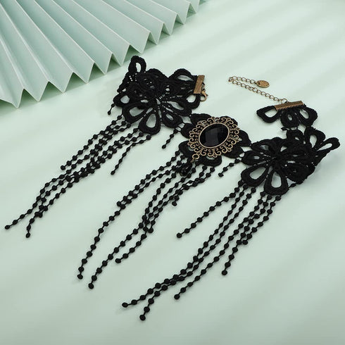 Chargances Stempunk Long Tassle Beaded Necklace Halloween Goth Black Lace Rhinestone Choker Collar Costume Party Prom Vampire Collar for Women and...