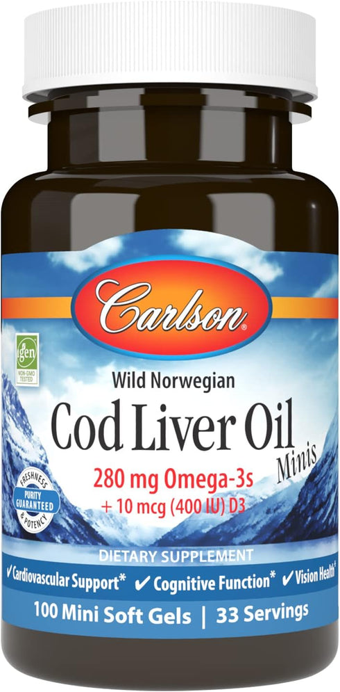 Carlson - Cod Liver Oil Minis, 280 mg Omega-3s + Vitamins A & D3, Heart Support & Cognitive Function, Vision Health, 100 Mini Softgels...
