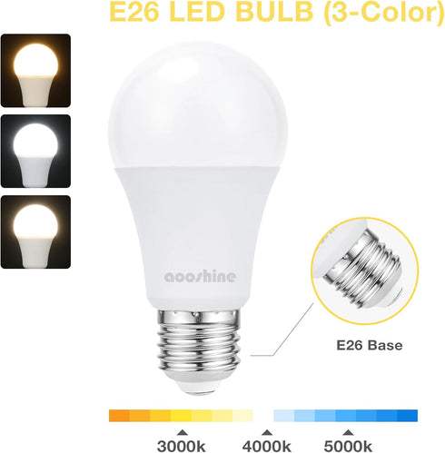 aooshine A60 E26 LED Light Bulb - 3 Color Temperatures (3000K/5000K/4000K), E26 Standard Medium Base, Non-Dimmable, 1 Pack, 120Volts 9Watts LED Bu...