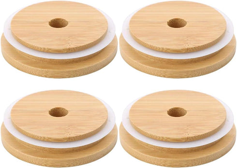 TOUSHI 4Pcs Regular Mouth Bamboo Mason Jar Lids with Straw Hole Reusable Bamboo Caps Leak-Proof Glass Canning Drinking Storage Jars Lid Covers (70...