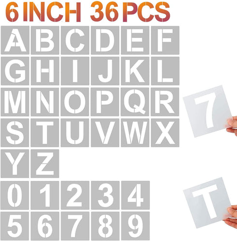 6 Inch Letter Stencils and Numbers, 36 Pcs Alphabet Stencils, Reusable Plastic Stencils for Wood, Wall, Fabric, Rock, Signage (6 Inch)...