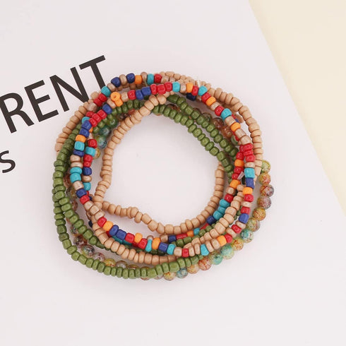 Pingyongchang Rice Beads Crystal Fringe Bracelet for Women Boho Colorful Handmade Stackable Bead Bracelets Set Multicolor Seed Layered Stretch Bra...