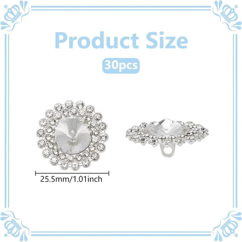 30pcs 1inch Silver Round Rhinestone Buttons Sparkle Embellishments Glass Crystal Buttons 1-Hole Alloy Rhinestone Shank Buttons for Clothing Button...