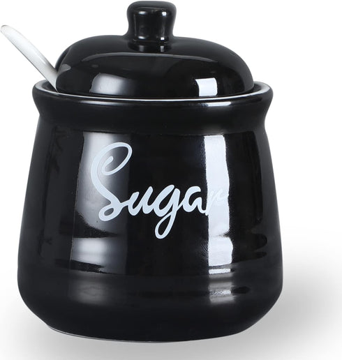 HAOTOP Farmhouse Porcelain Sugar Bowl with Lid and Spoon 12oz,Easy to Clean (Black)...