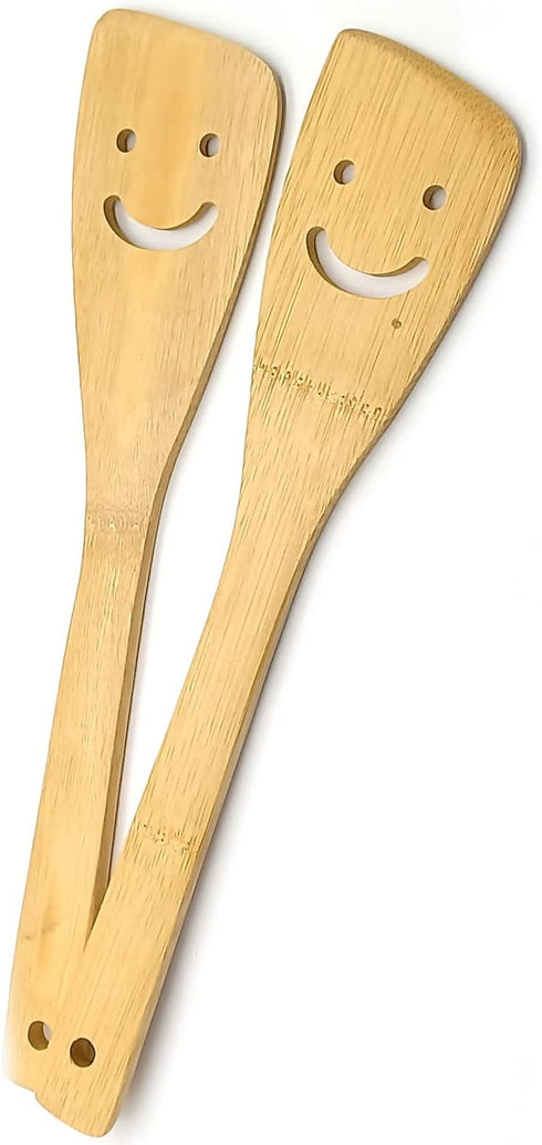 2-Piece 12-Inch Bamboo Smiley Face Wooden Spoons & Spatula Kitchen Cooking Tools for Nonstick Cookware and Wok...
