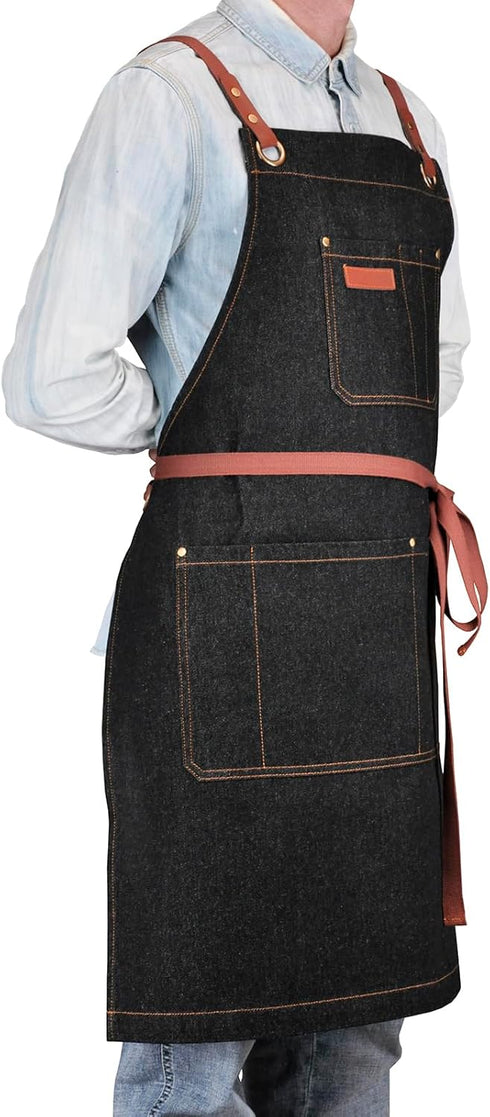 Professional Black Denim Apron with Pockets for Cooking Chef Kitchen Grill BBQ Hairstylist Painting, Mens Womens Apron with Leather Cross Back Str...