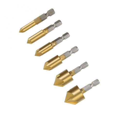 uxcell Countersink Drill Bit Set 6mm 8mm 9mm 12mm 16mm 19mm Dia 1/4” Hex Shank 90 Degree 5 Flute Chamfer Tool for Woodworking Titanium Plating HSS...