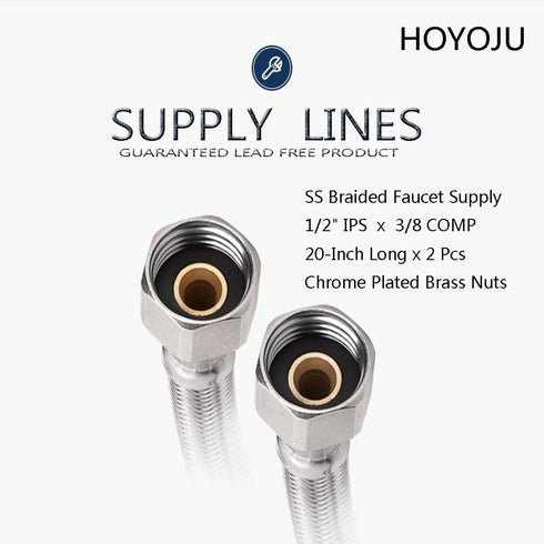 Braided Faucet Connector Supply Hose 1/2"-14NPSM Brass Nut X 3/8 Female Fitting Stainless Steel Lead-Free 20-Inch Long x 2 Pack...