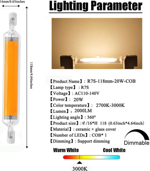 118mm 20W R7S LED Bulb (4 Pack) 200W Halogen Equivalent 118mm J-Type High Brightness 20W 120V R7S Base 3000K Warm White J Type T3 118mm Double End...