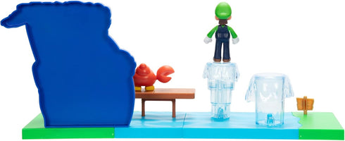 Super Mario Sparkling Waters Action Figures Playset Includes 2.5 Inch Luigi & Red Huckit Crab with Interactive Pieces...