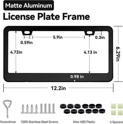 Ohuhu Matte Aluminum License Plate Frame with Black Screw Caps, 2Pcs 2 Holes Black Car Licenses Plate Covers Holders for US Vehicles...